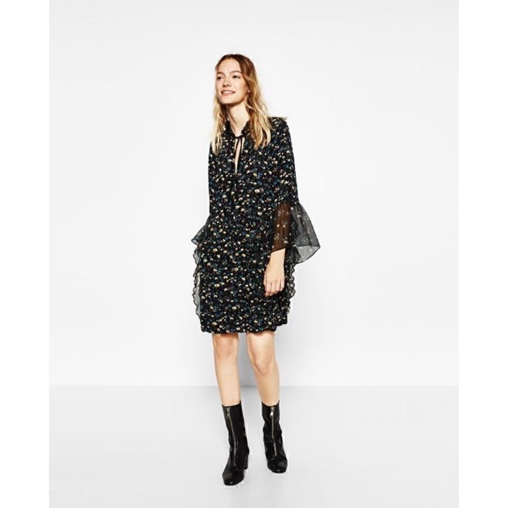 ZARA Floral Printed Lace Mini Long Sleeve Dress with Frills